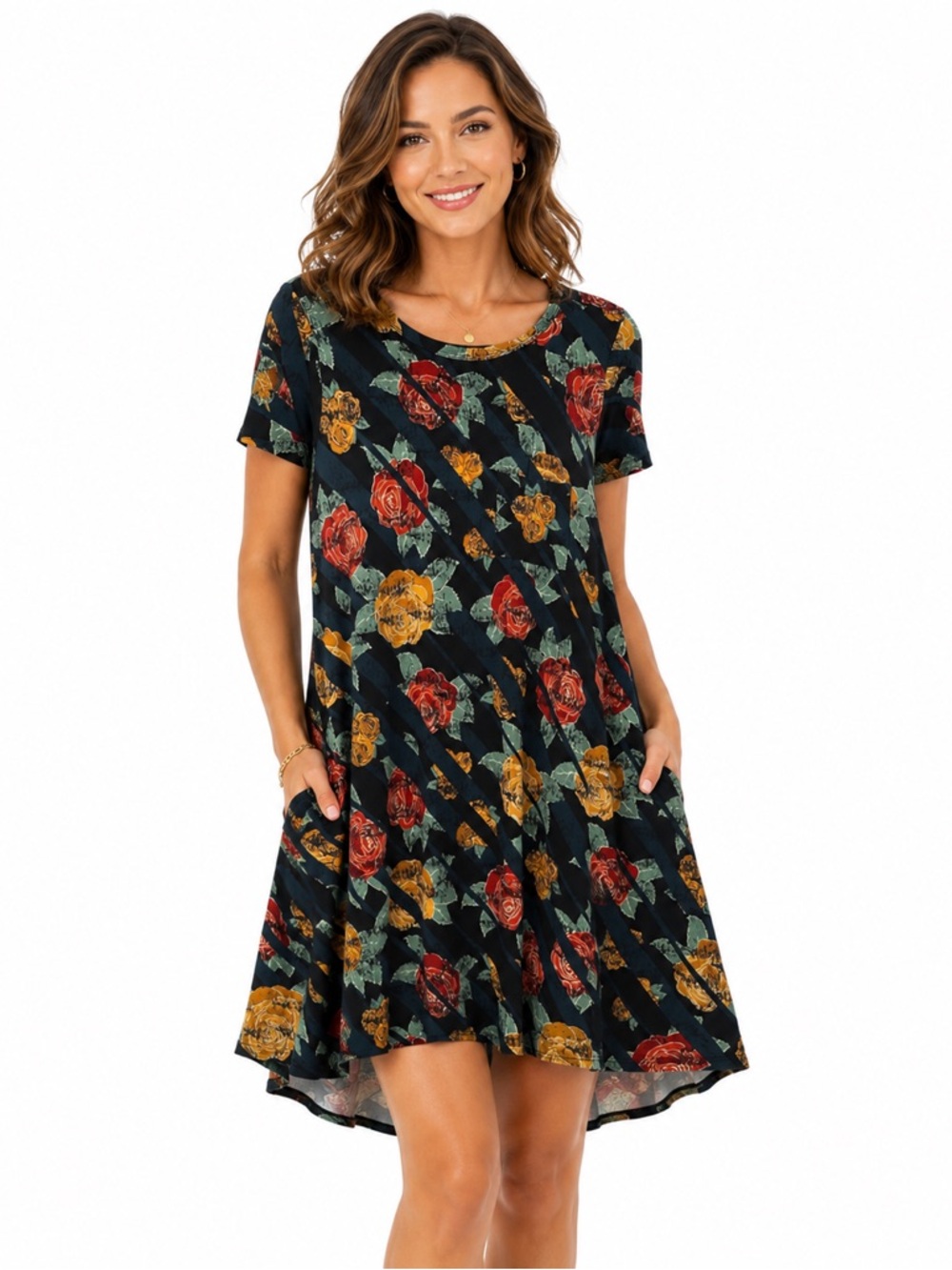 LuLaRoe Black Red Mustard Floral Mini Dress Hi Low Hem Small Swing Casual